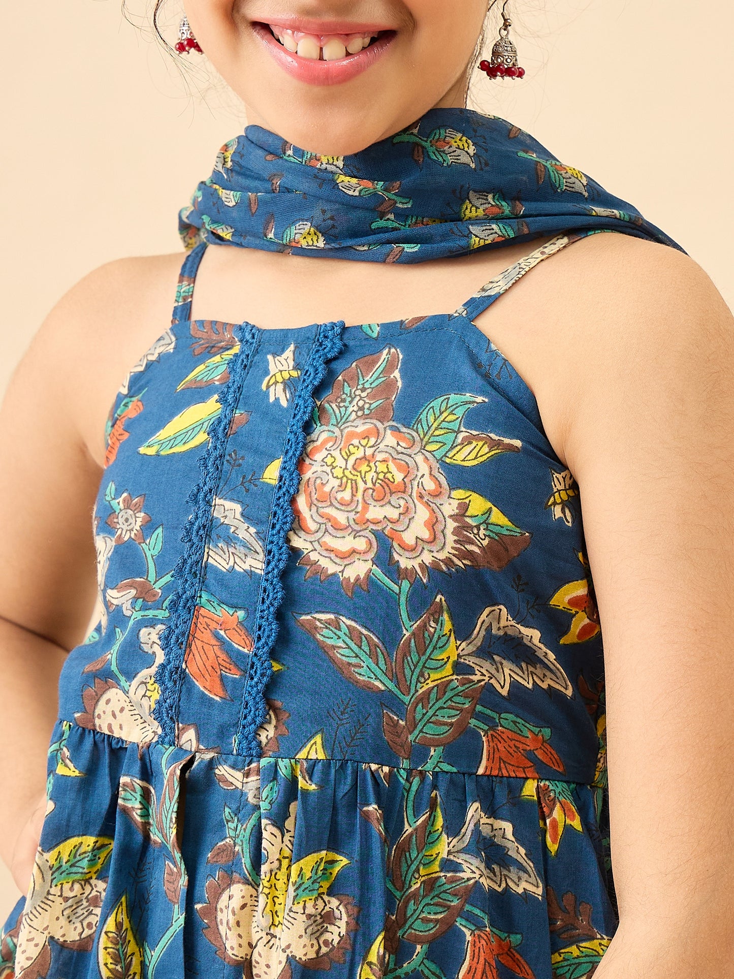 Girls Above Knee Printed Kurti Set - Blue