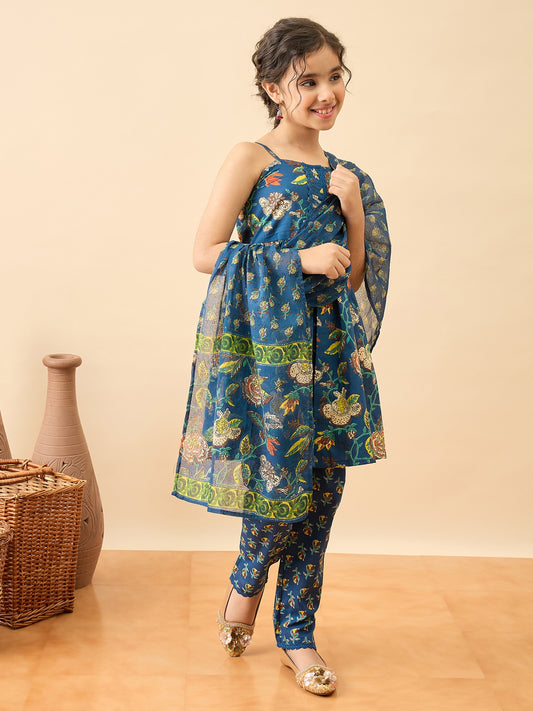 Girls Above Knee Printed Kurti Set - Blue