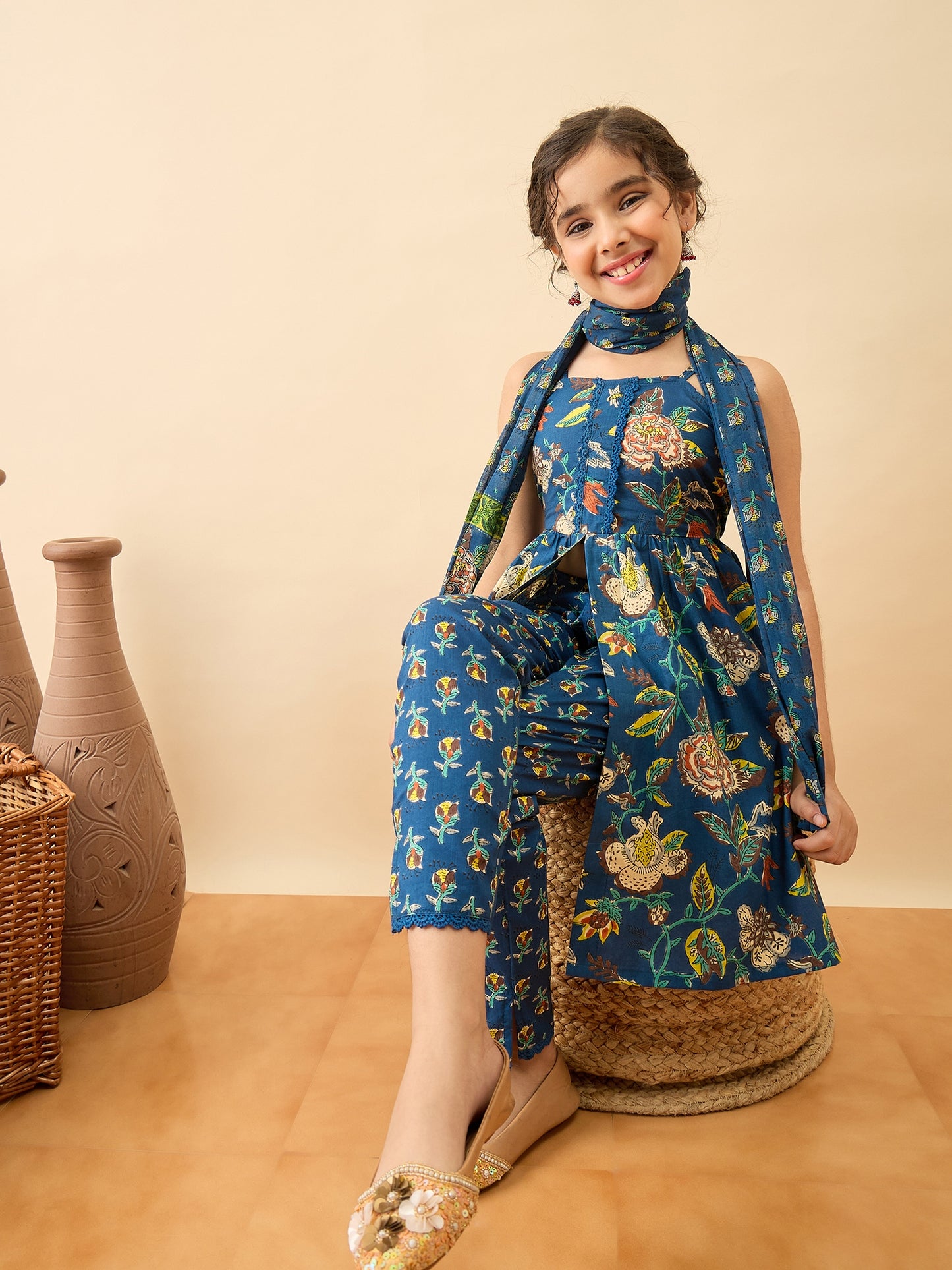 Girls Above Knee Printed Kurti Set - Blue