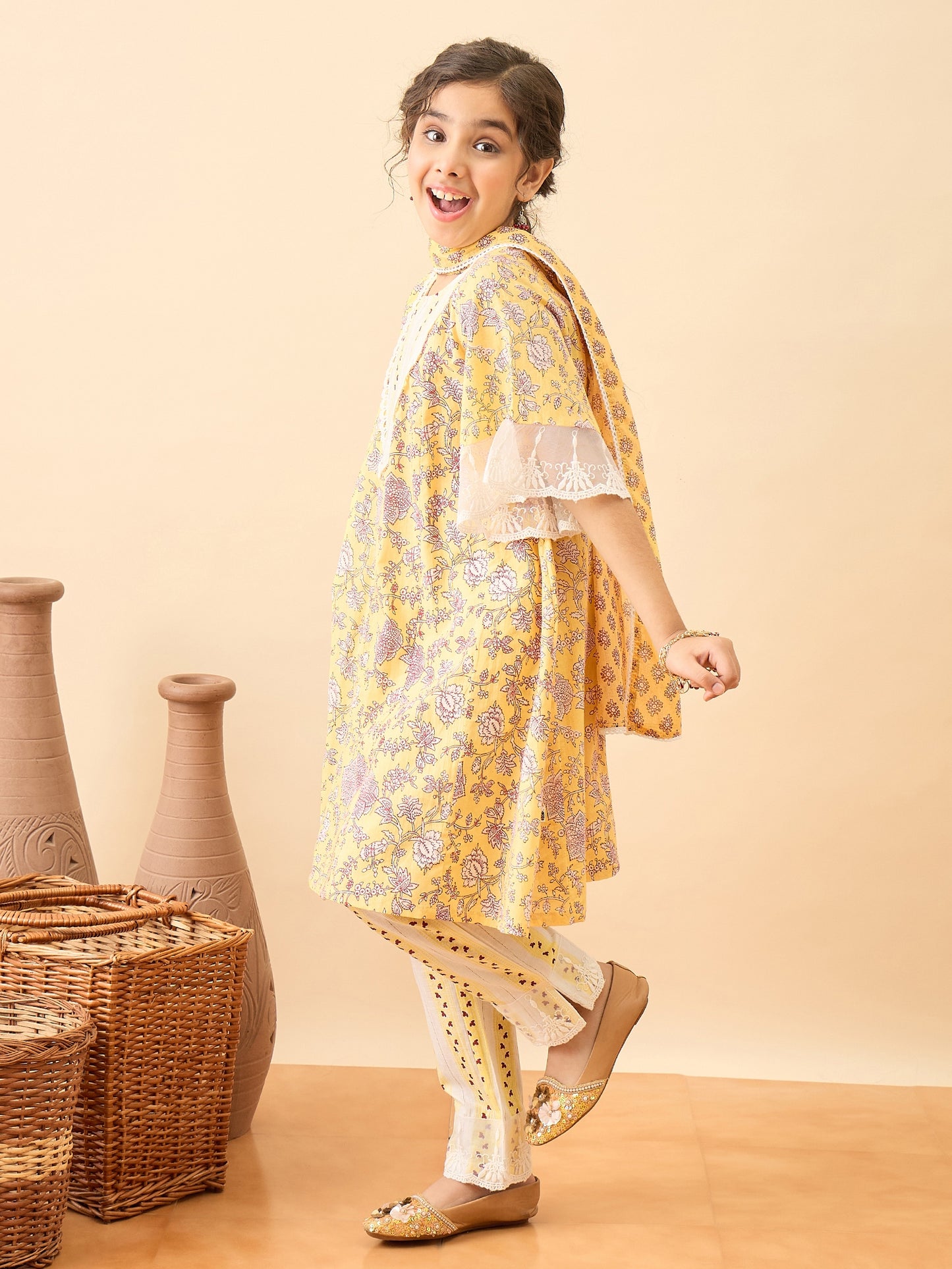 Girls Above Knee Printed Kurti Set - Yellow