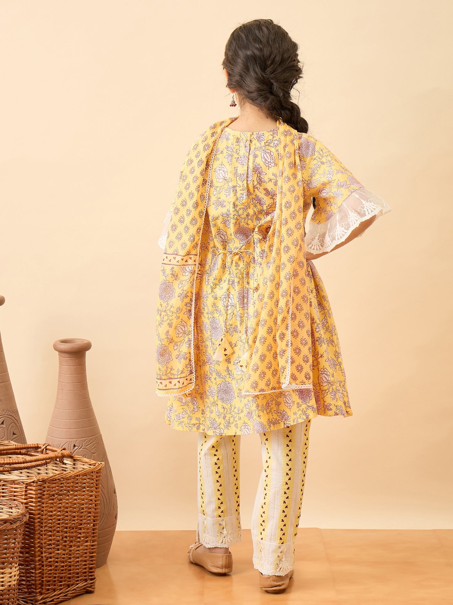 Girls Above Knee Printed Kurti Set - Yellow