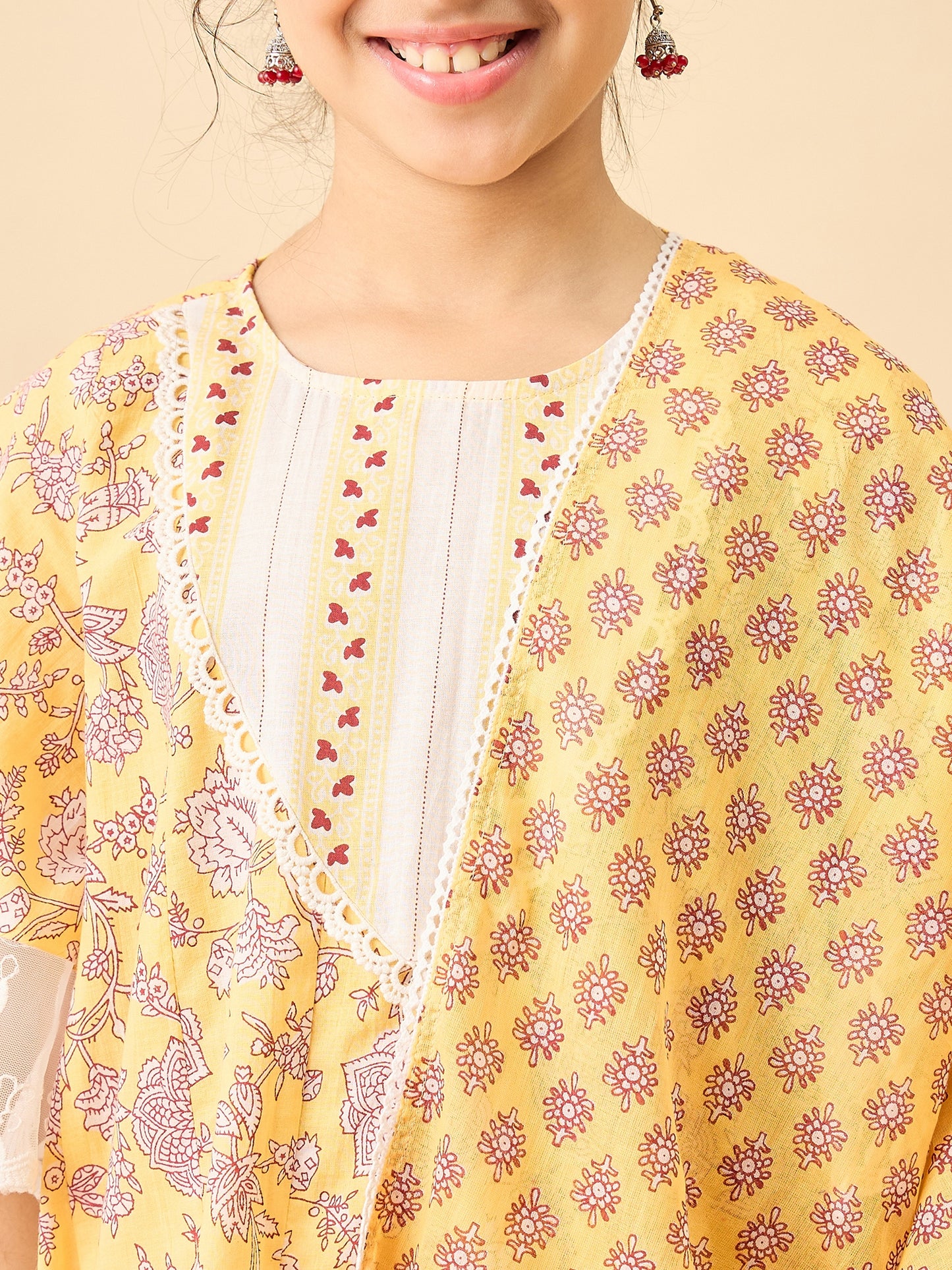 Girls Above Knee Printed Kurti Set - Yellow