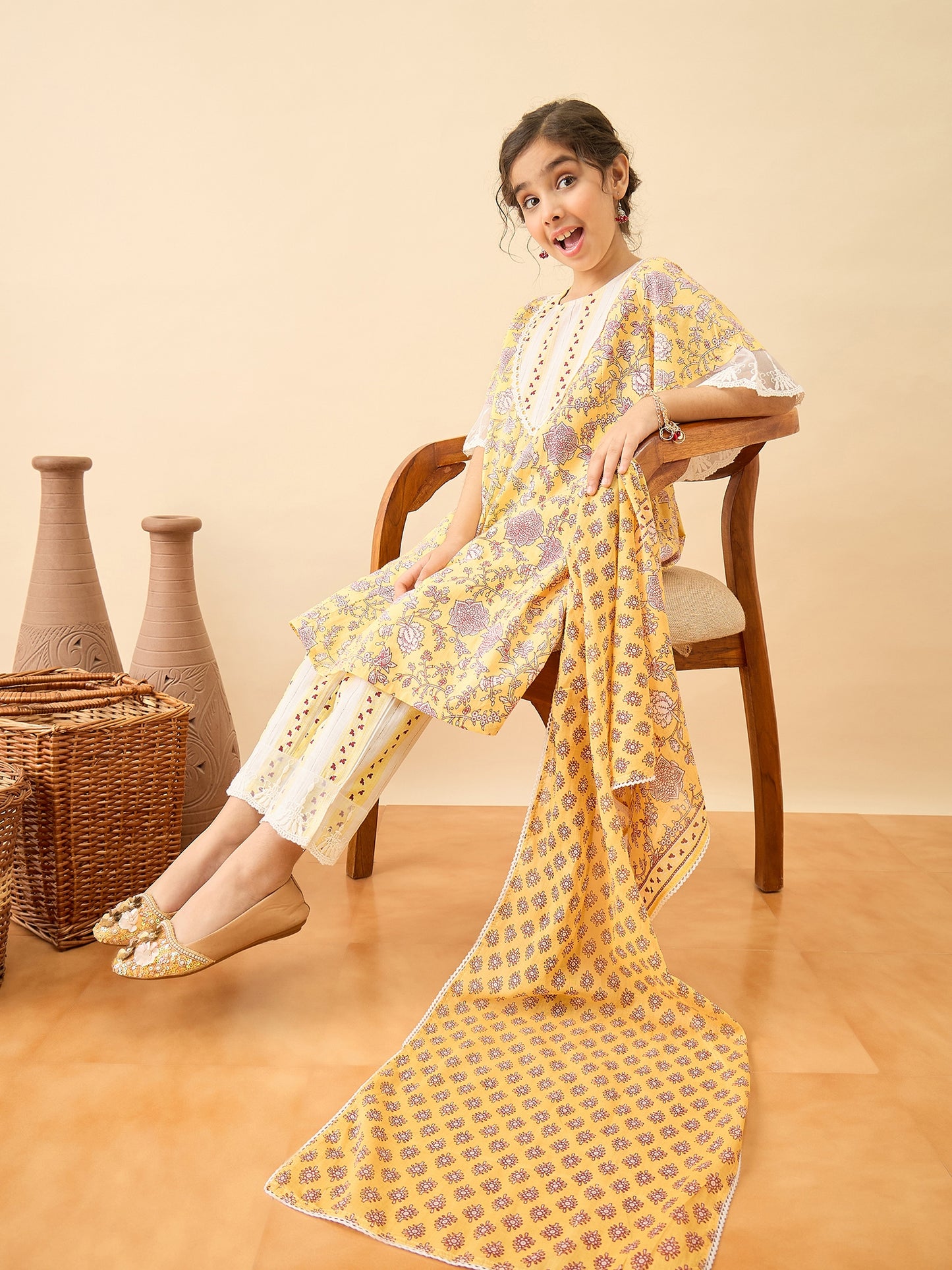 Girls Above Knee Printed Kurti Set - Yellow