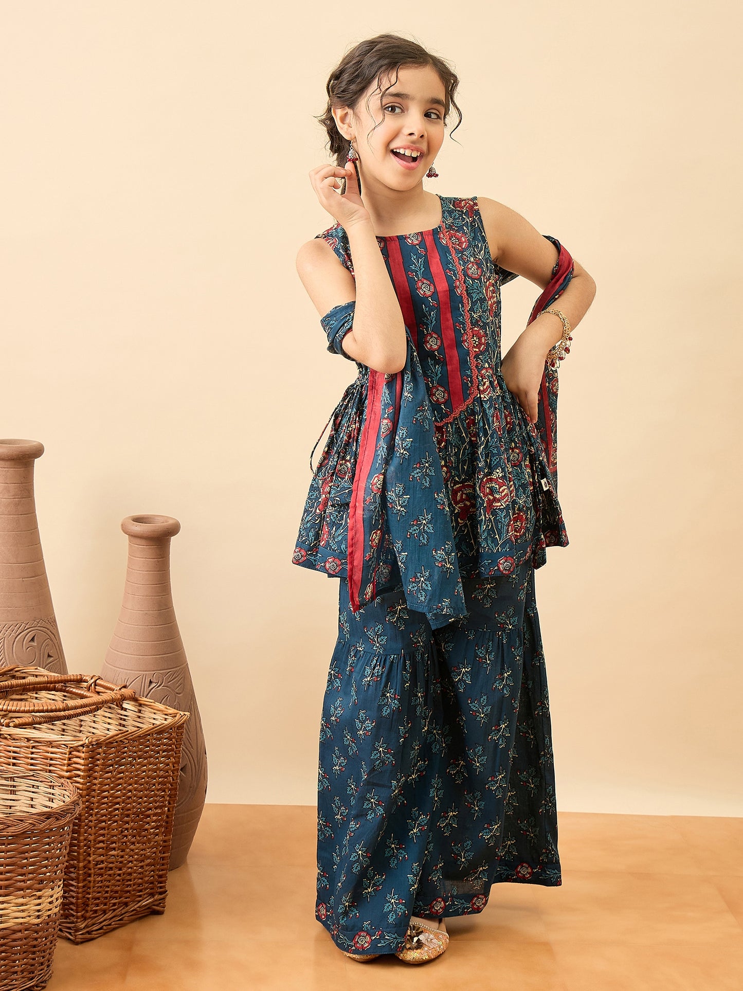 Girls Above Knee Printed Kurti Set - Blue