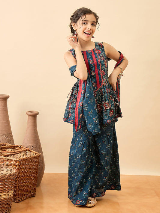 Girls Above Knee Printed Kurti Set - Blue