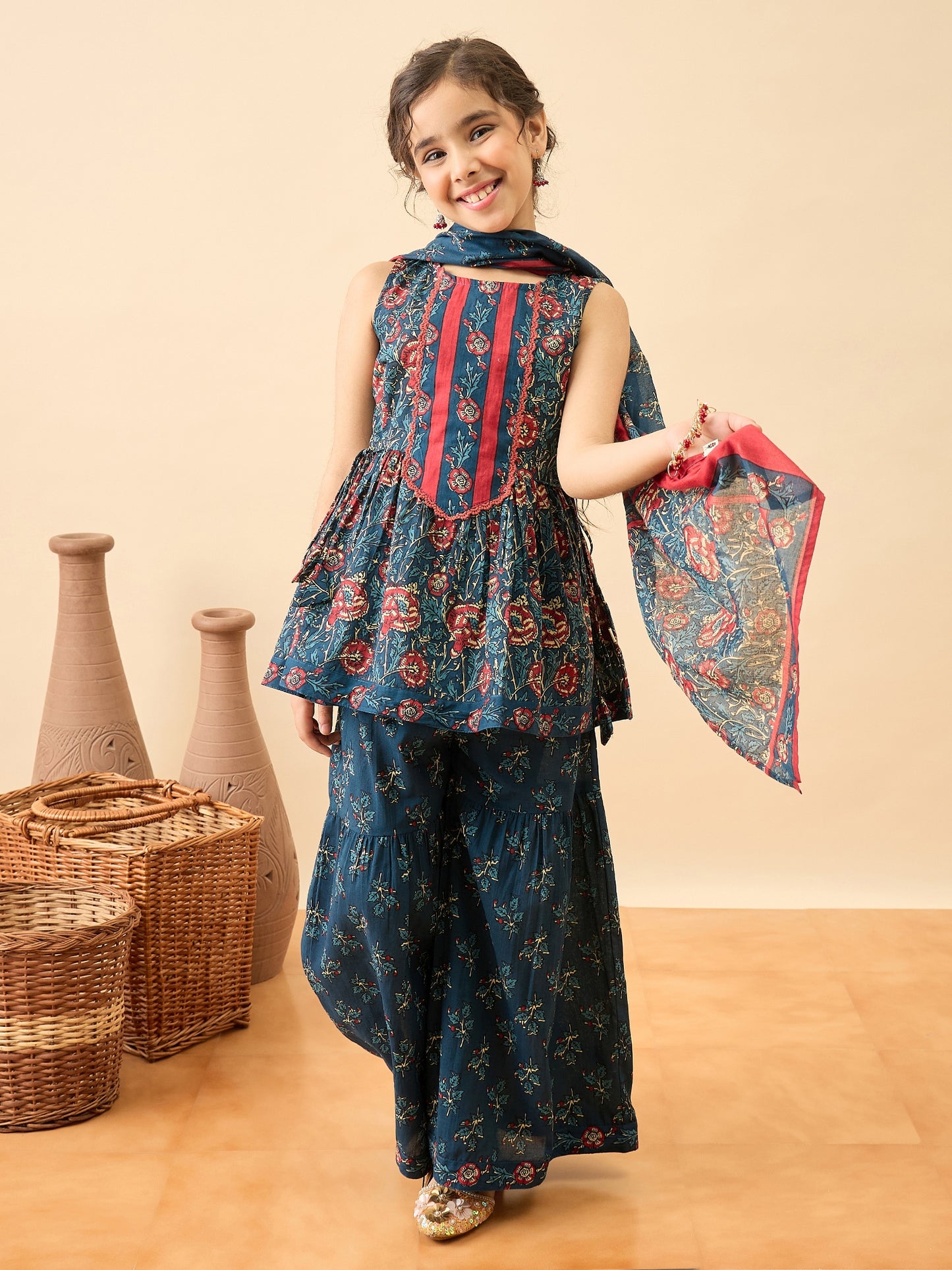 Girls Above Knee Printed Kurti Set - Blue