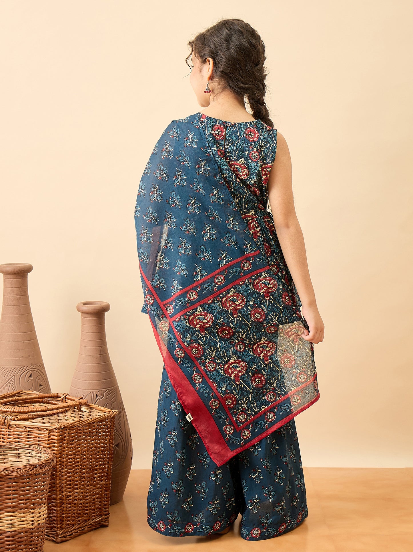 Girls Above Knee Printed Kurti Set - Blue