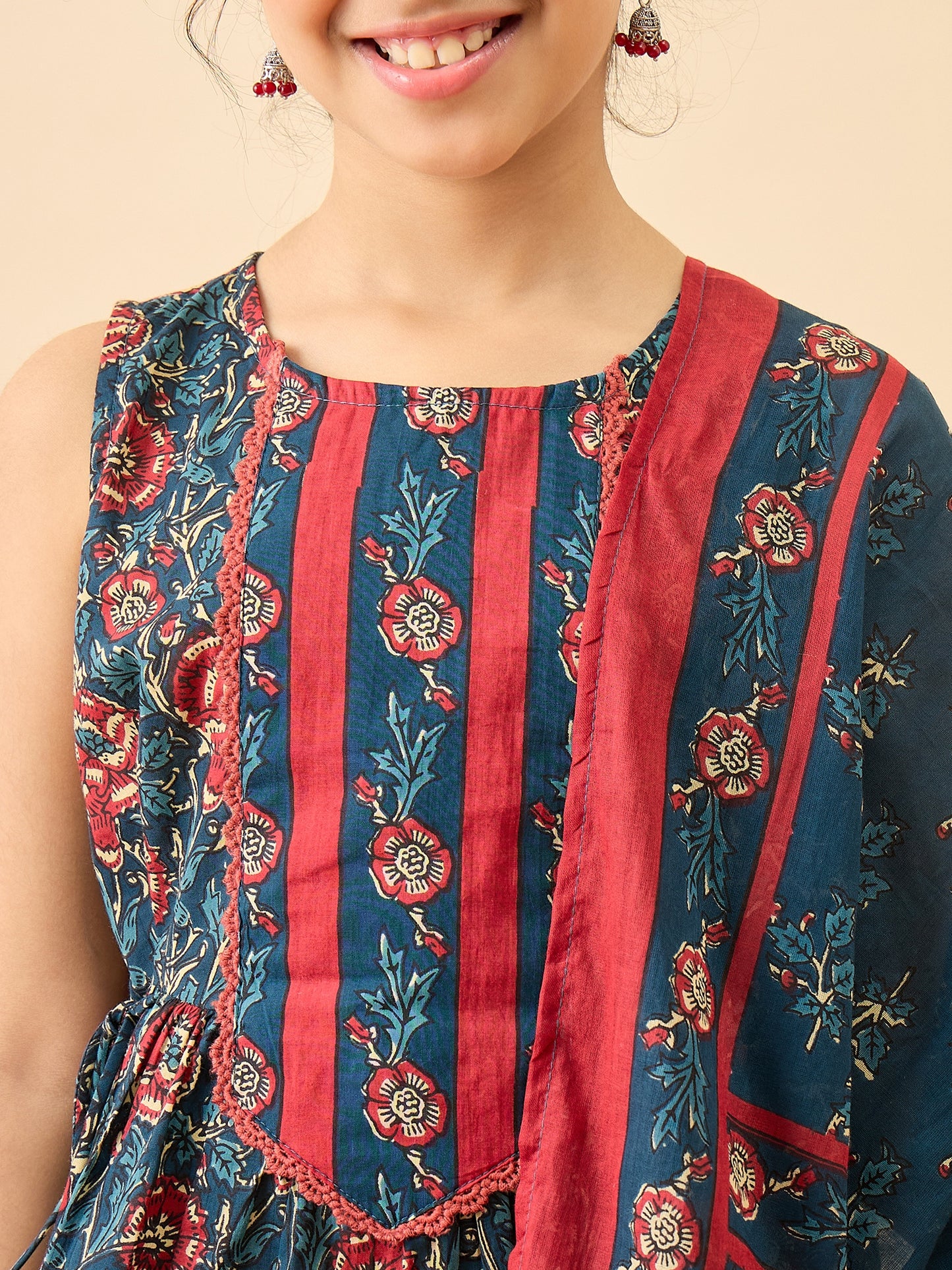 Girls Above Knee Printed Kurti Set - Blue