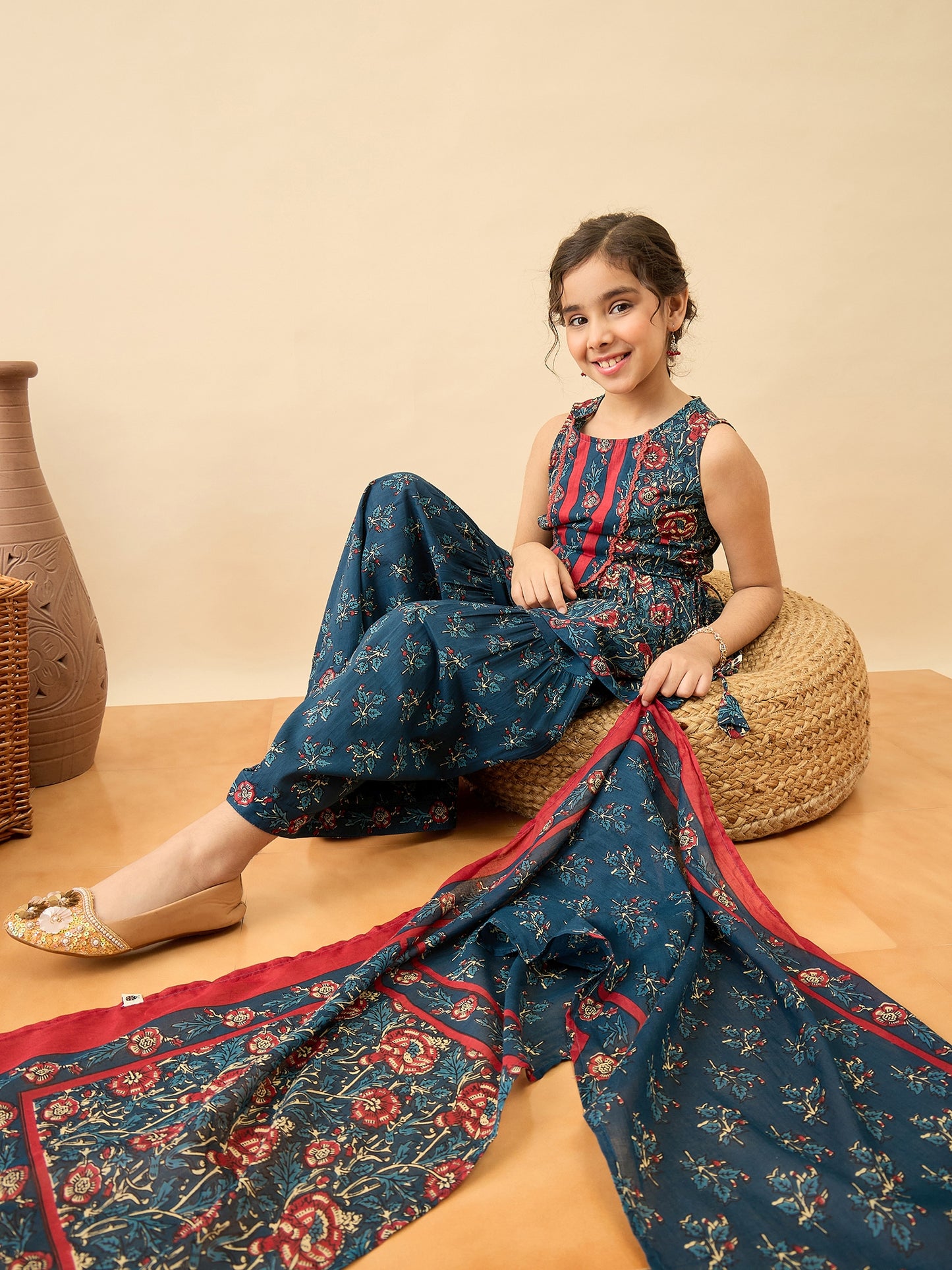 Girls Above Knee Printed Kurti Set - Blue