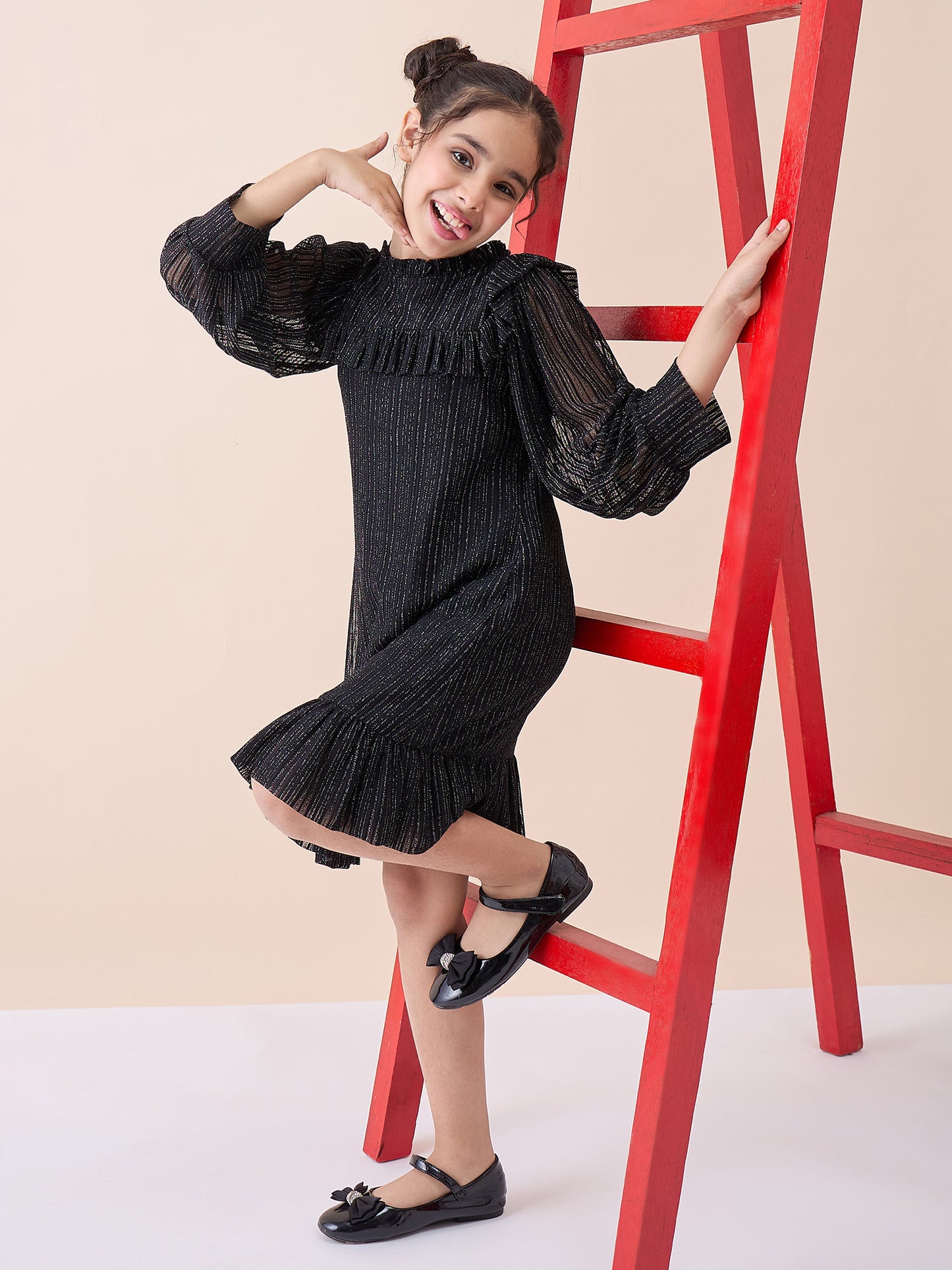 Girls Knee Length Solid Dress - Black