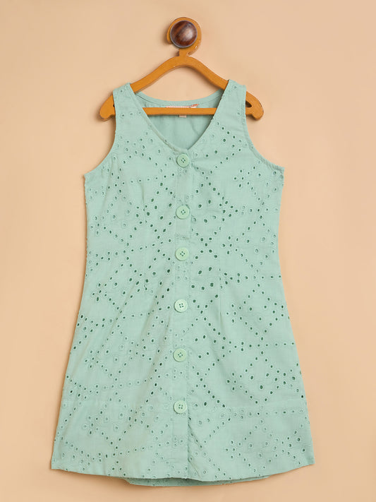 Girls Knee Length Solid Dress - Olive