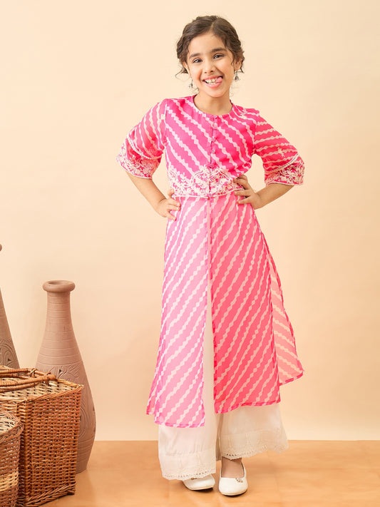 Girls Calf Length Embroidery Kurti Set - Magenta