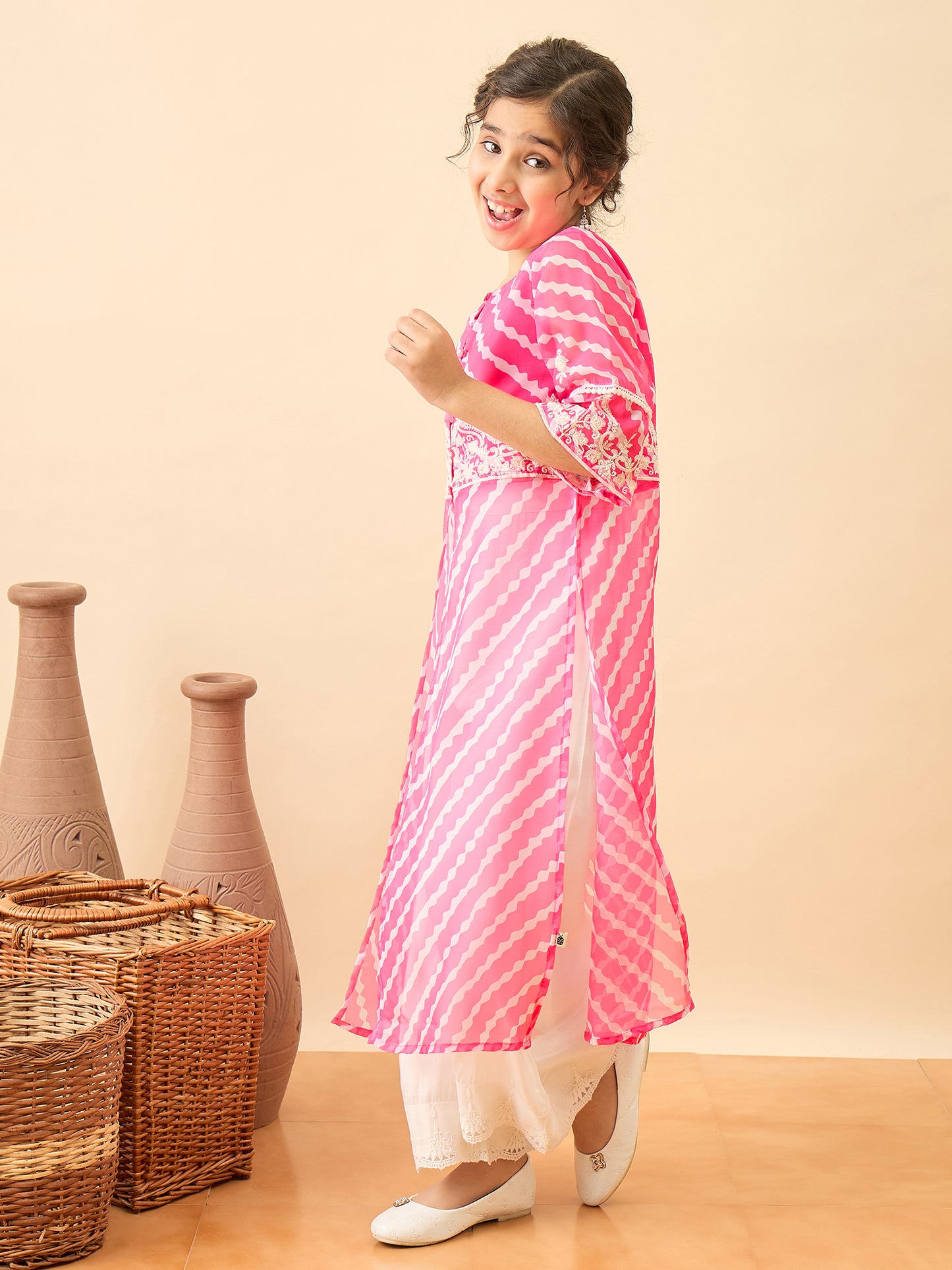 Girls Calf Length Embroidery Kurti Set - Magenta