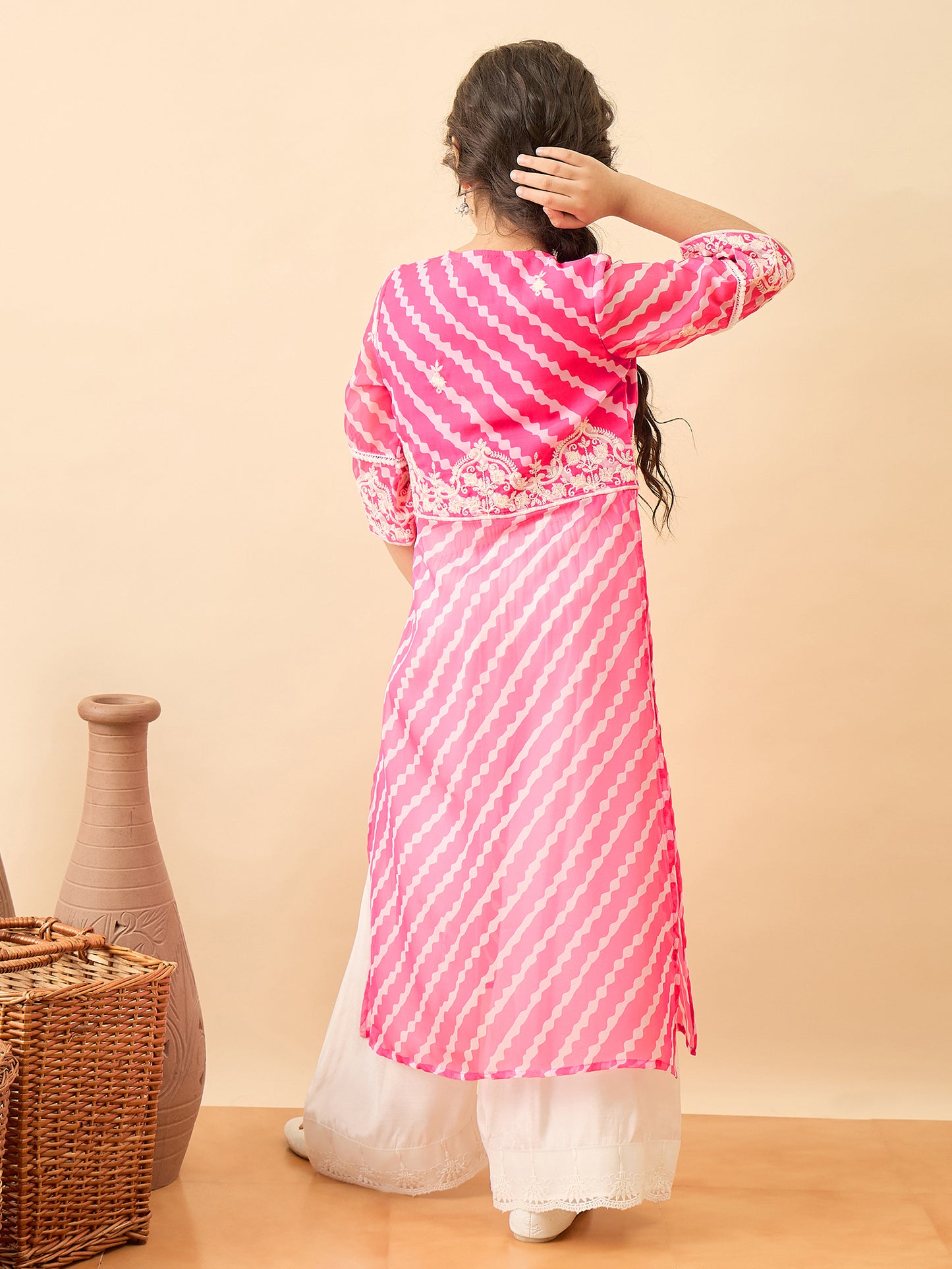 Girls Calf Length Embroidery Kurti Set - Magenta