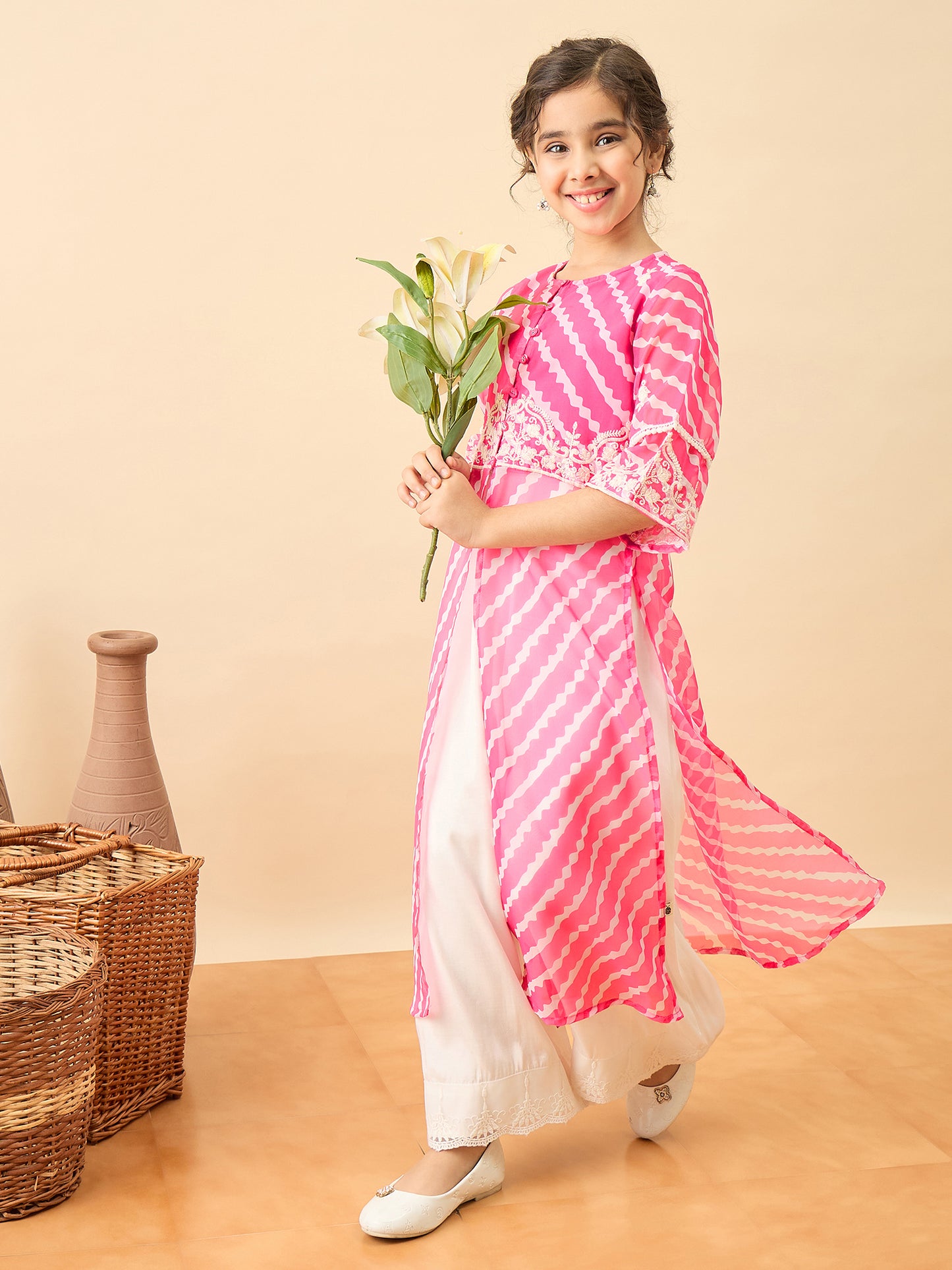 Girls Calf Length Embroidery Kurti Set - Magenta