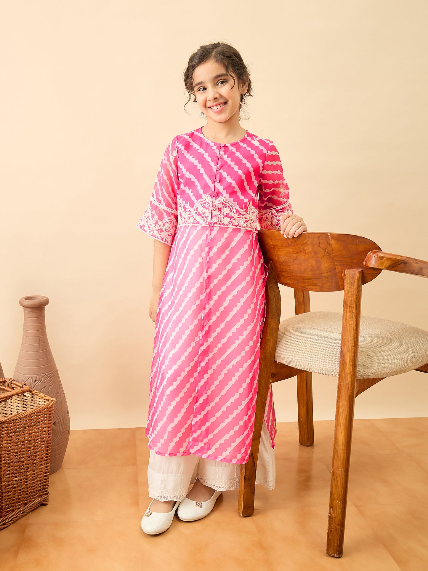 Girls Calf Length Embroidery Kurti Set - Magenta