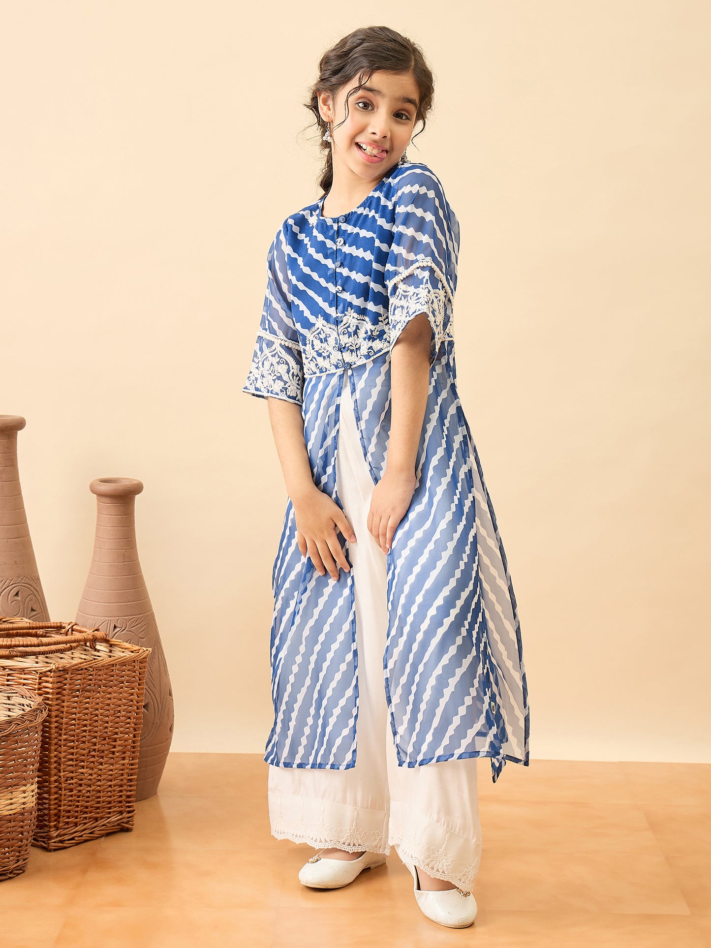 Girls Calf Length Embroidery Kurti Set - Blue