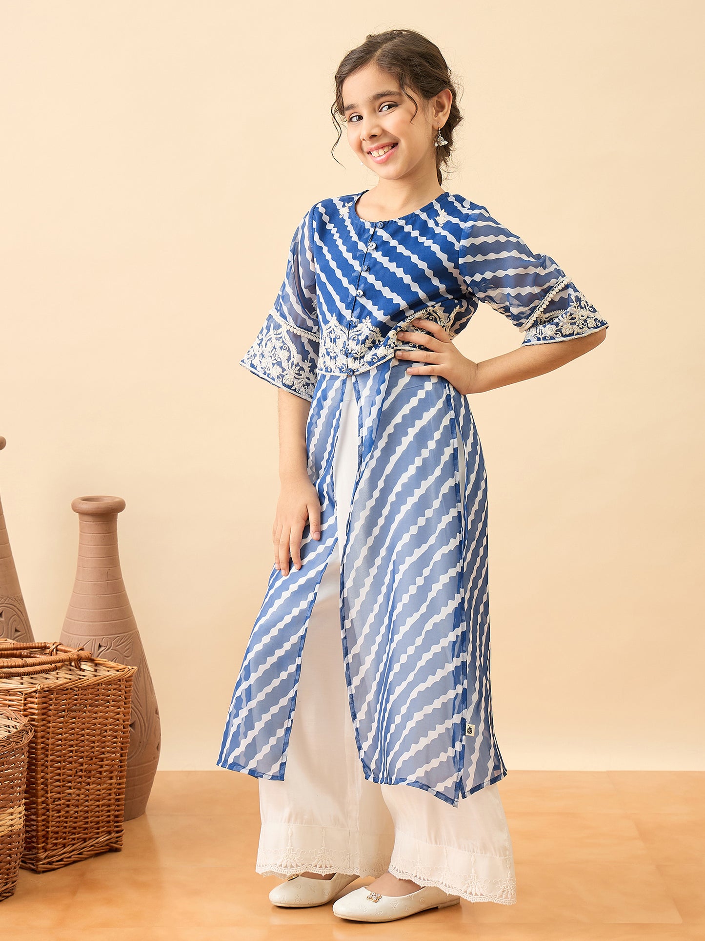 Girls Calf Length Embroidery Kurti Set - Blue