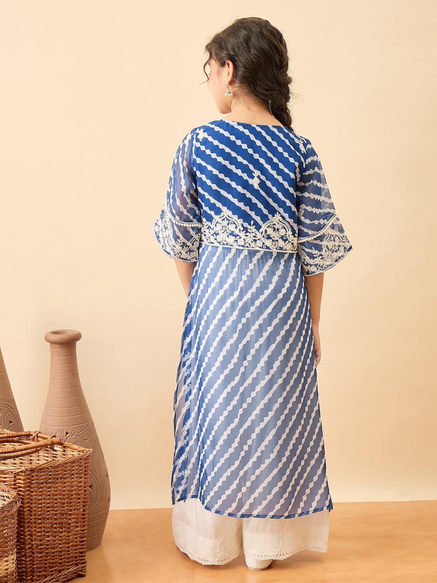 Girls Calf Length Embroidery Kurti Set - Blue