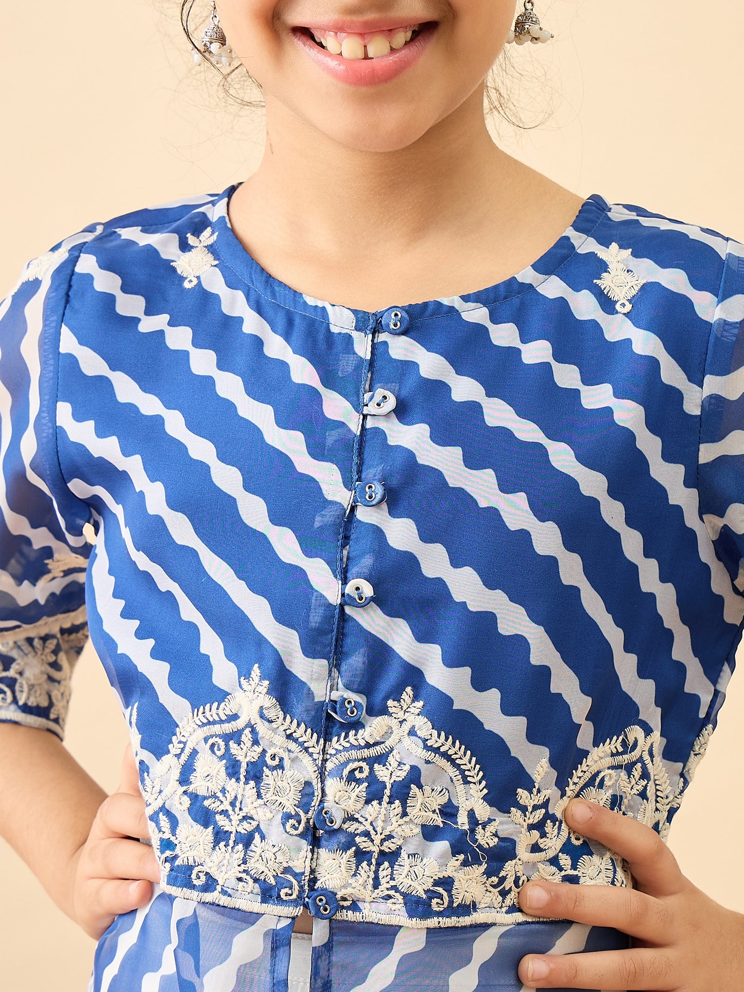 Girls Calf Length Embroidery Kurti Set - Blue