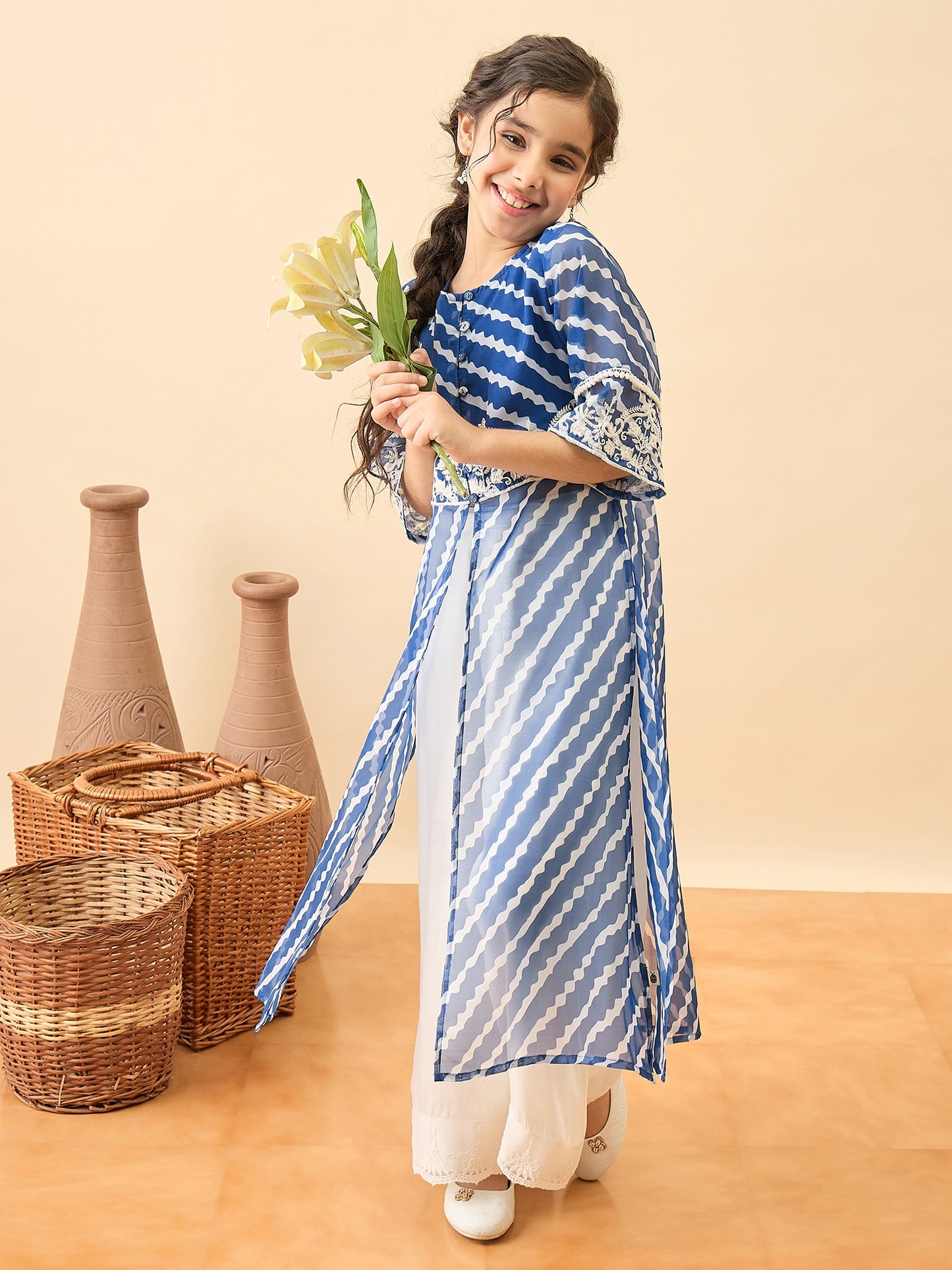 Girls Calf Length Embroidery Kurti Set - Blue