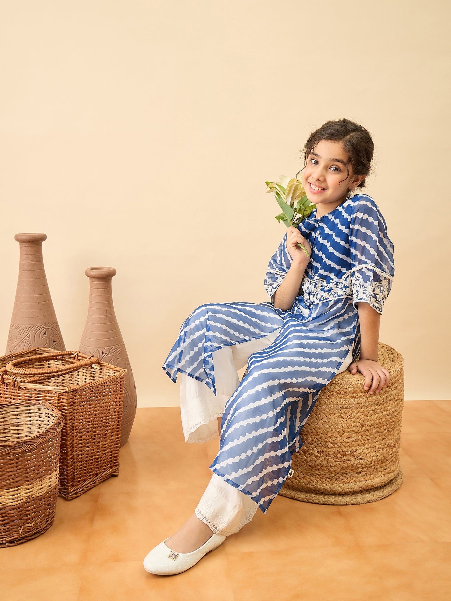 Girls Calf Length Embroidery Kurti Set - Blue