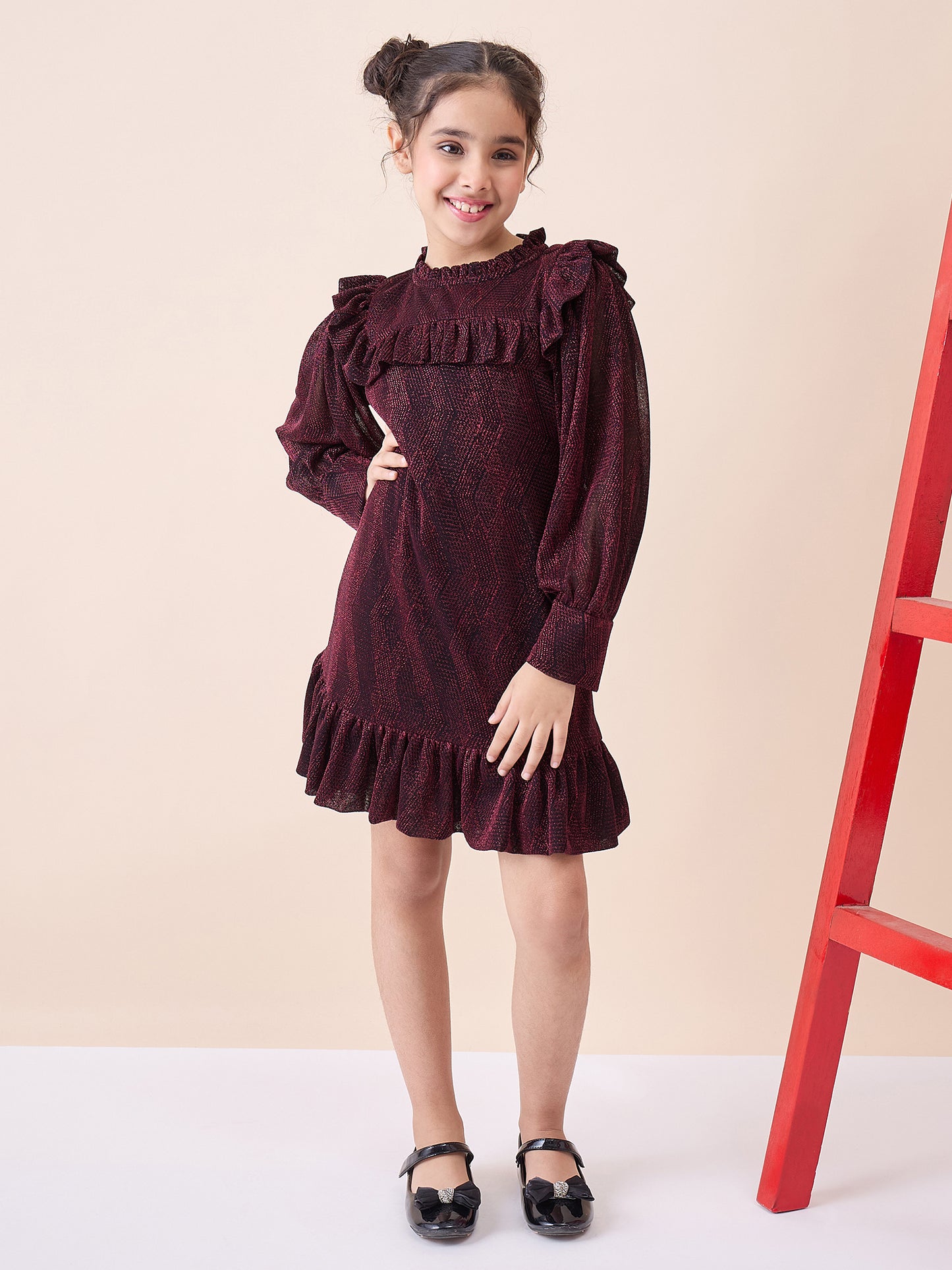 Girls Knee Length Solid Dress - Maroon