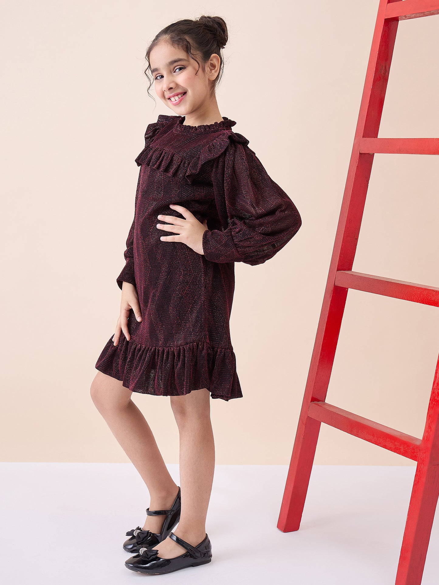 Girls Knee Length Solid Dress - Maroon