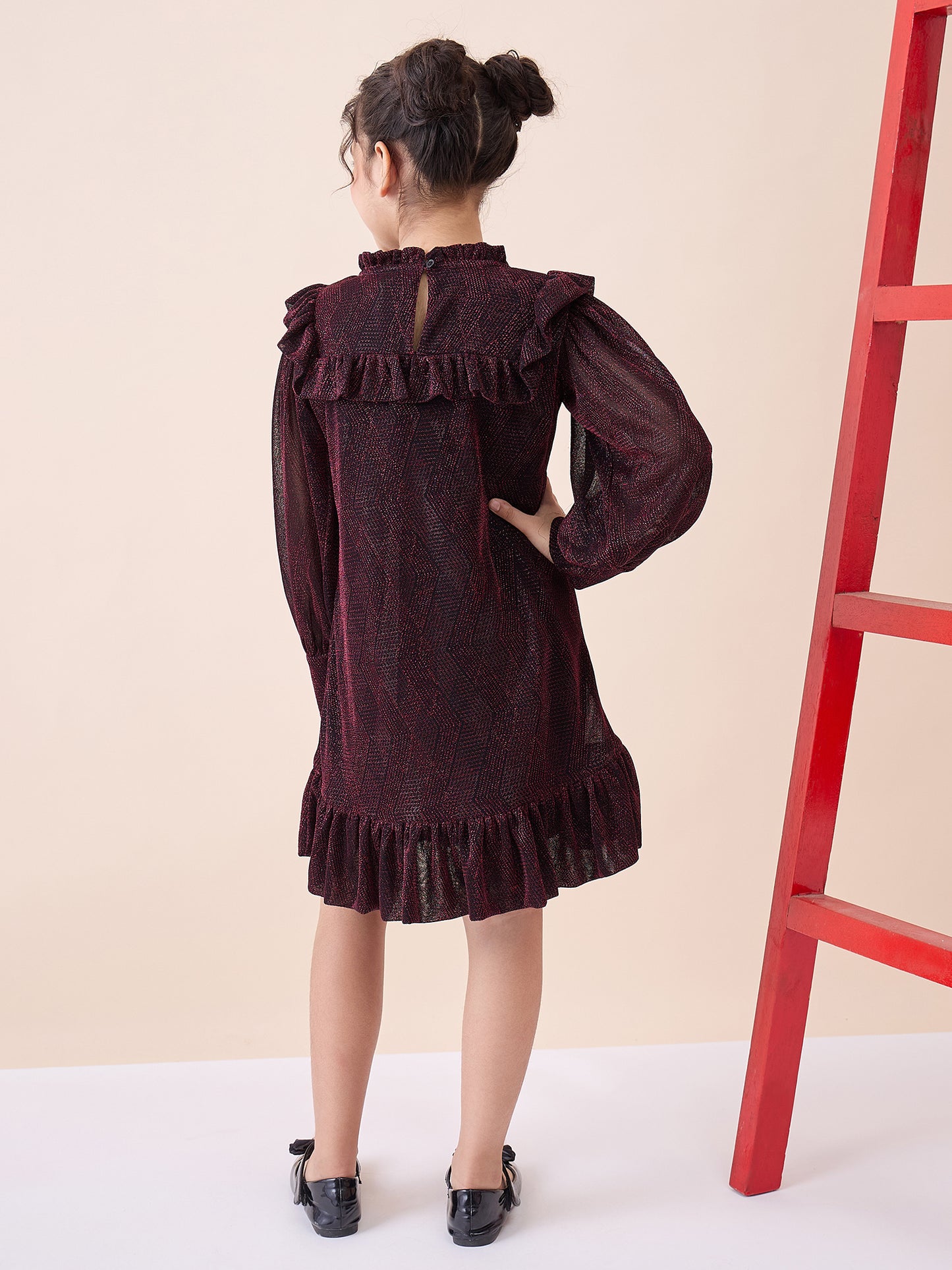 Girls Knee Length Solid Dress - Maroon