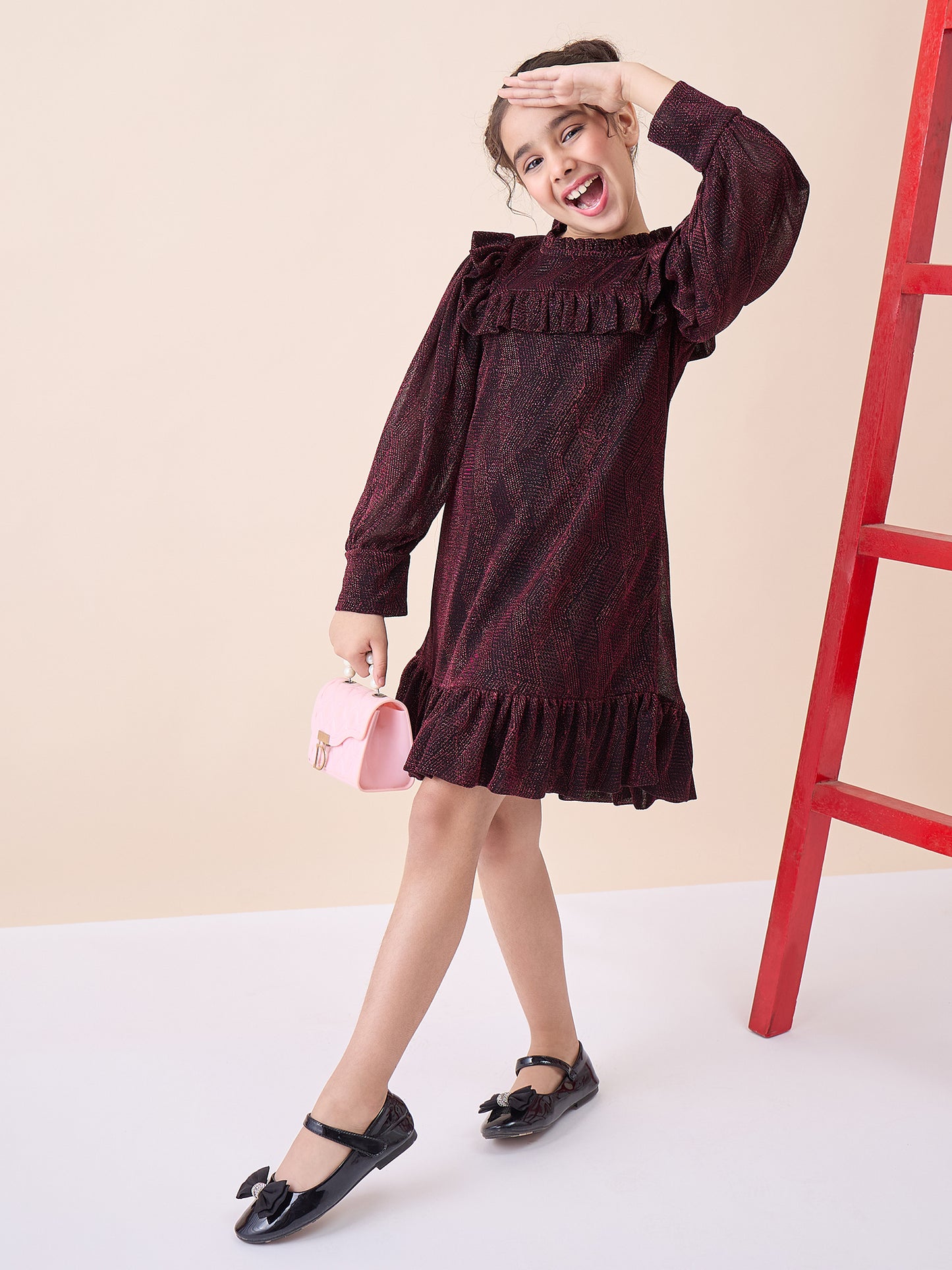Girls Knee Length Solid Dress - Maroon