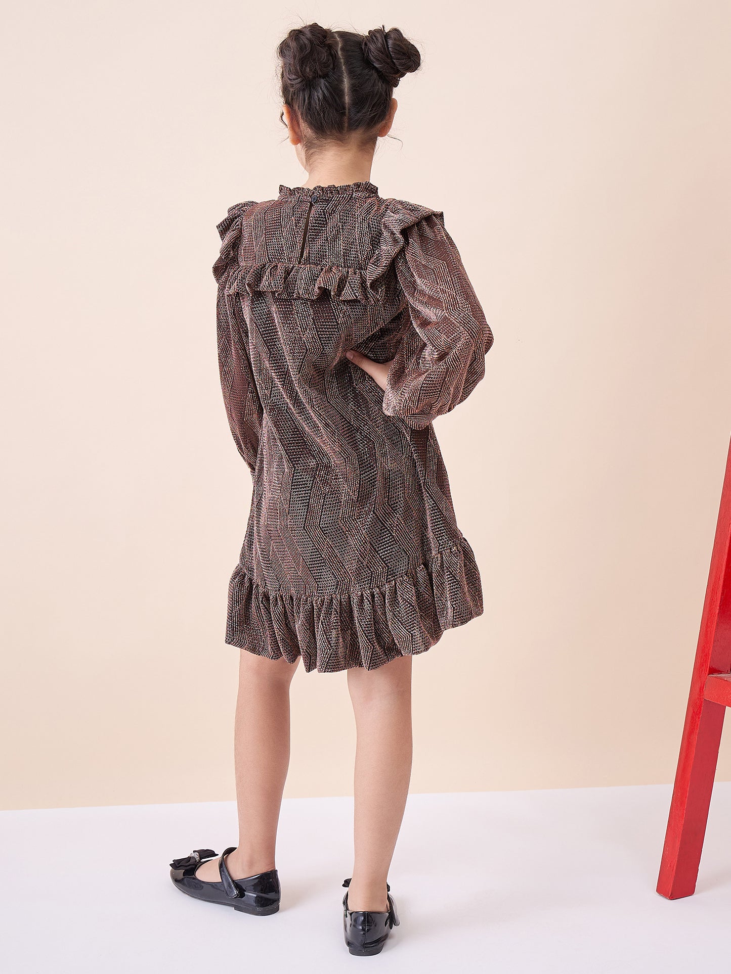 Girls Knee Length Solid Dress - Brown