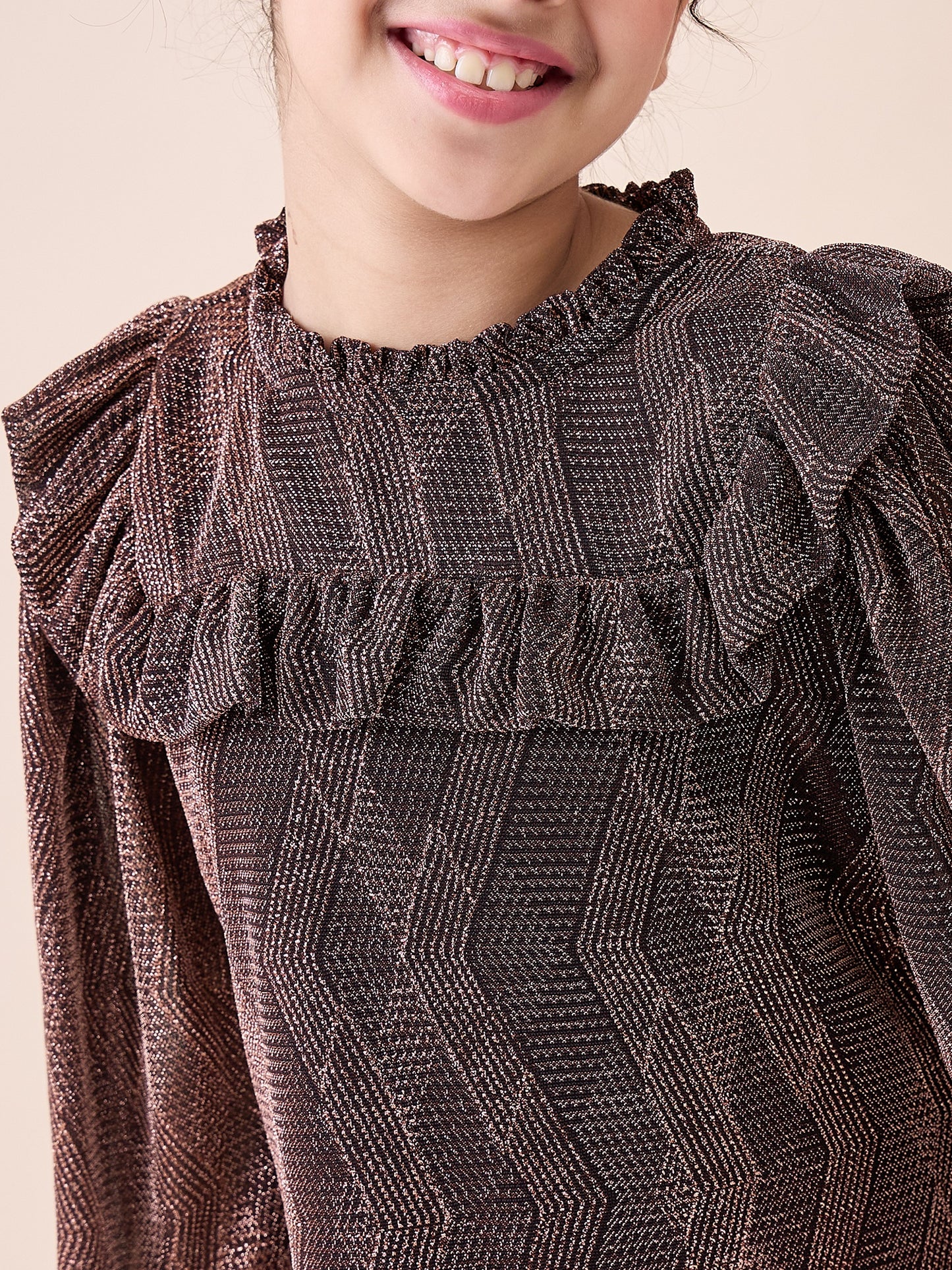 Girls Knee Length Solid Dress - Brown