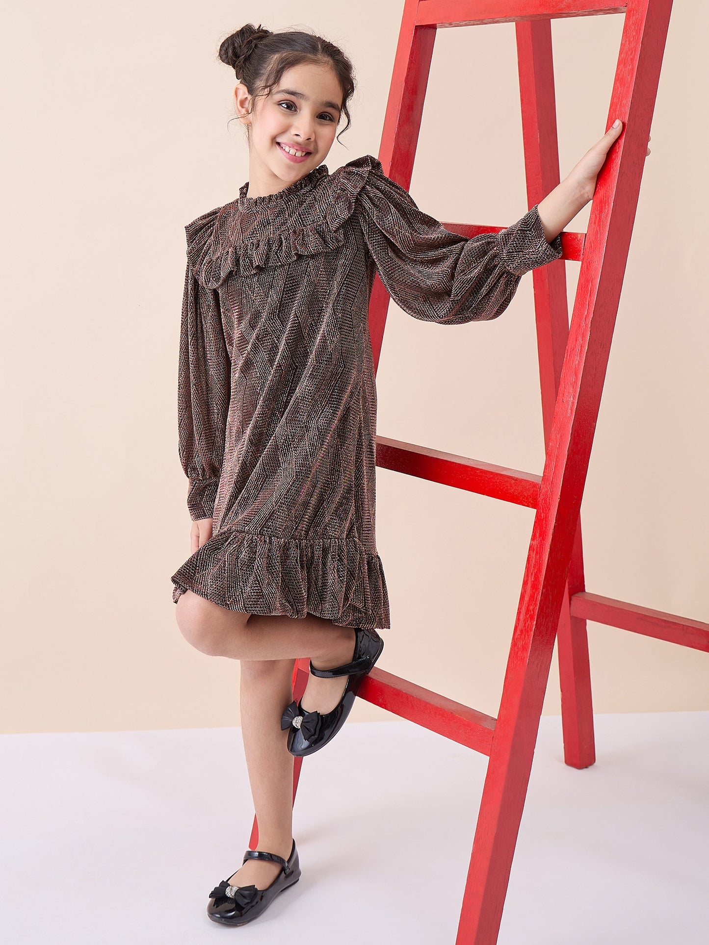Girls Knee Length Solid Dress - Brown