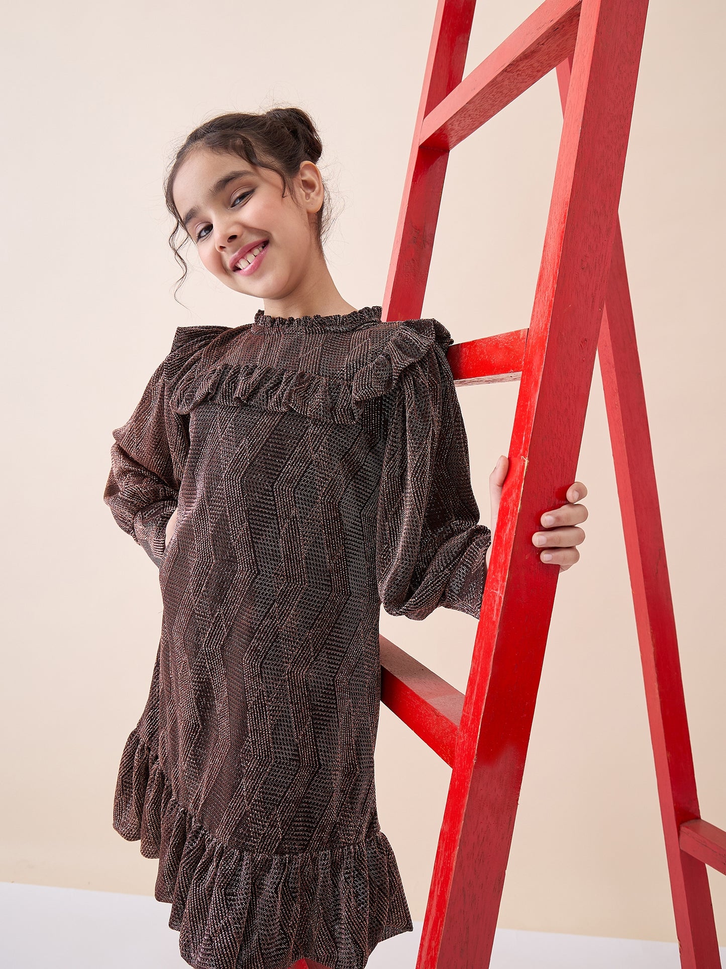 Girls Knee Length Solid Dress - Brown