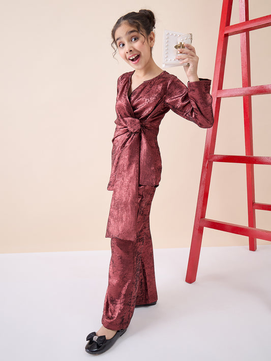 Girls Ankle Length Solid Top With Pants - Maroon