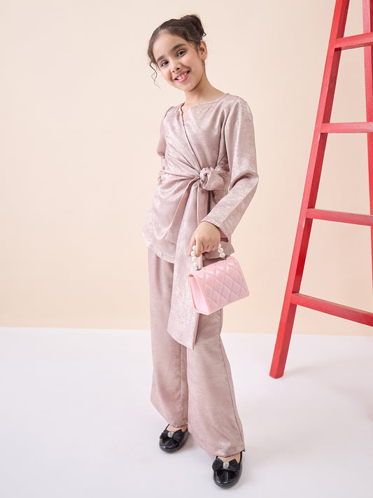 Girls Ankle Length Solid Top With Pants - Pink