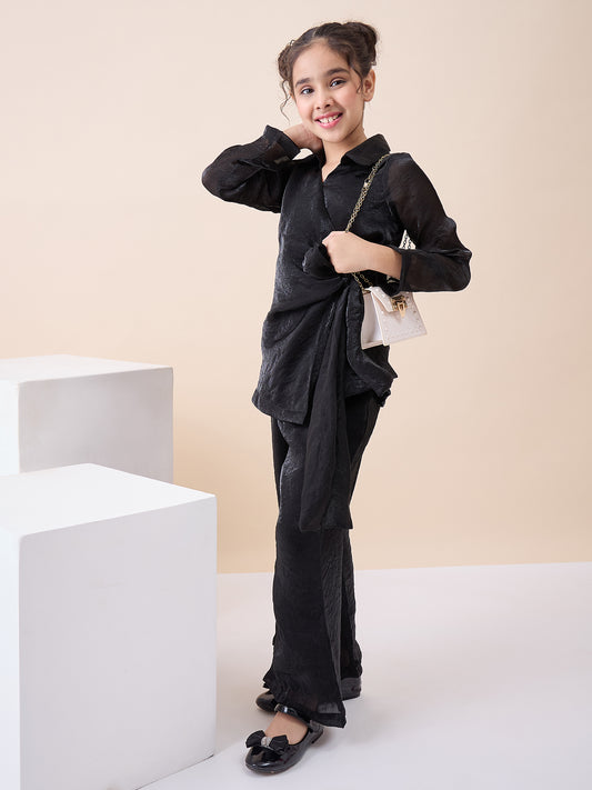 Girls Hip Length Solid Top With Pants - Black