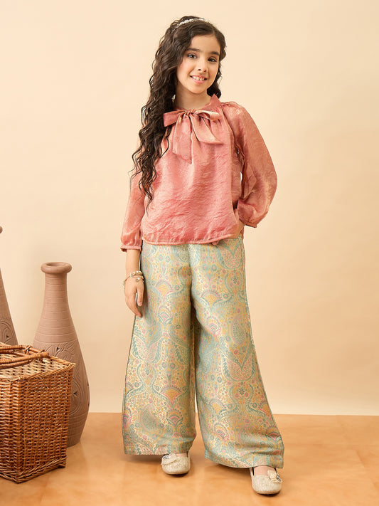 Girls Embroidery Top With Pants - Peach