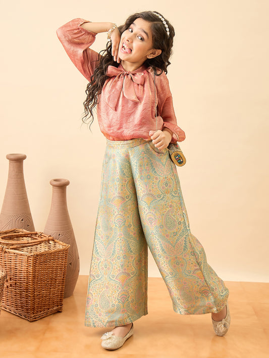 Girls Embroidery Top With Pants - Peach