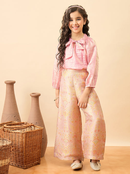 Girls Embroidery Top With Pants - Pink