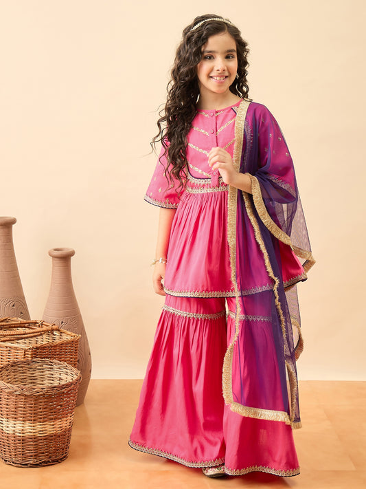 Girls Embroidery Kurti Set - Magenta