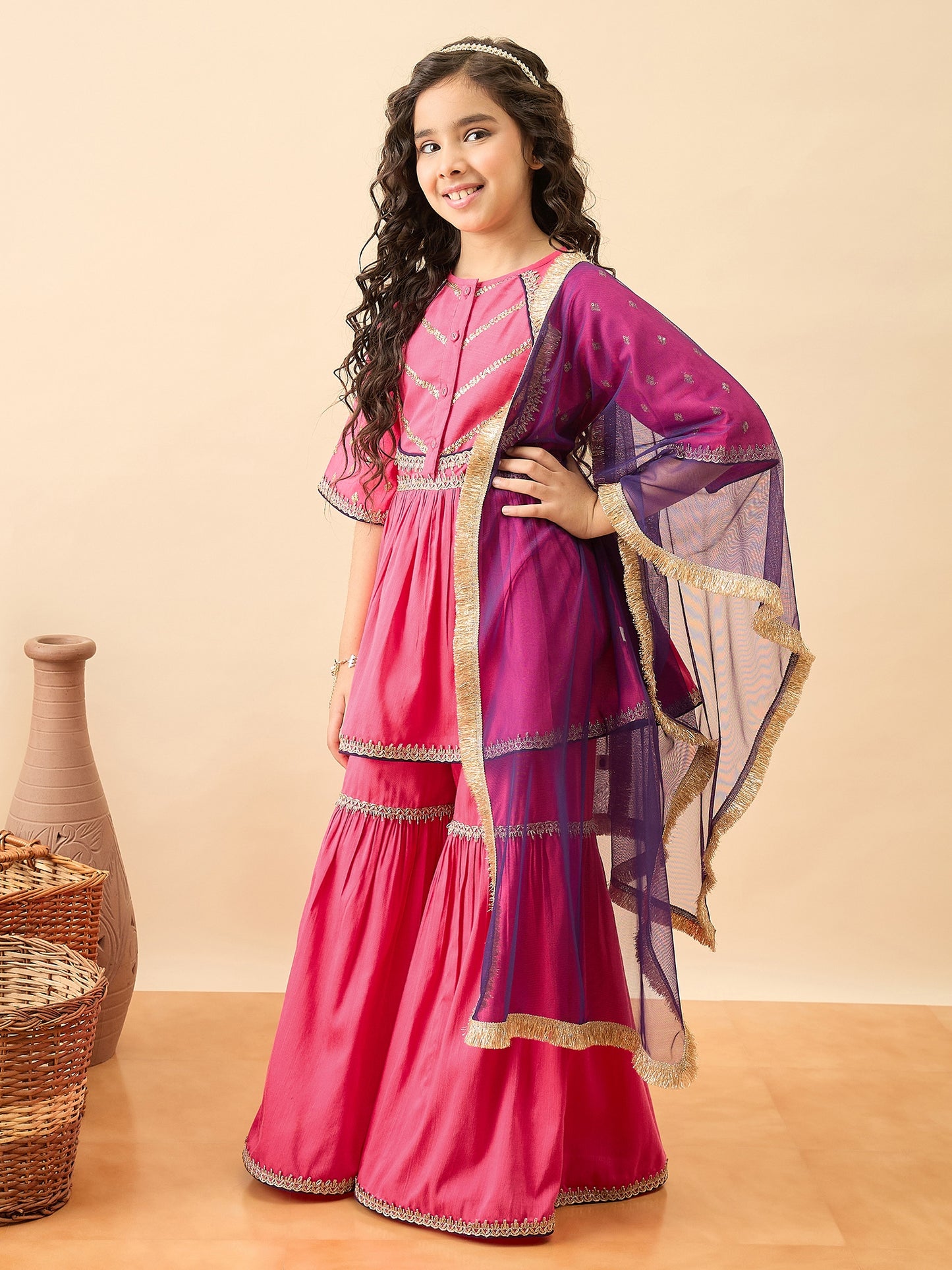 Girls Embroidery Kurti Set - Magenta