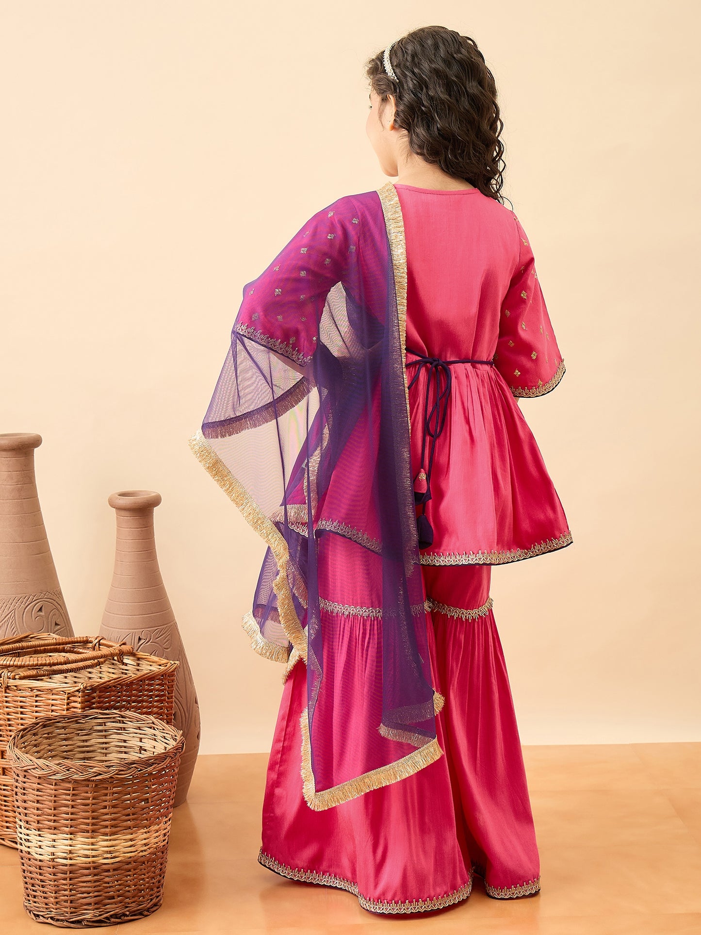 Girls Embroidery Kurti Set - Magenta