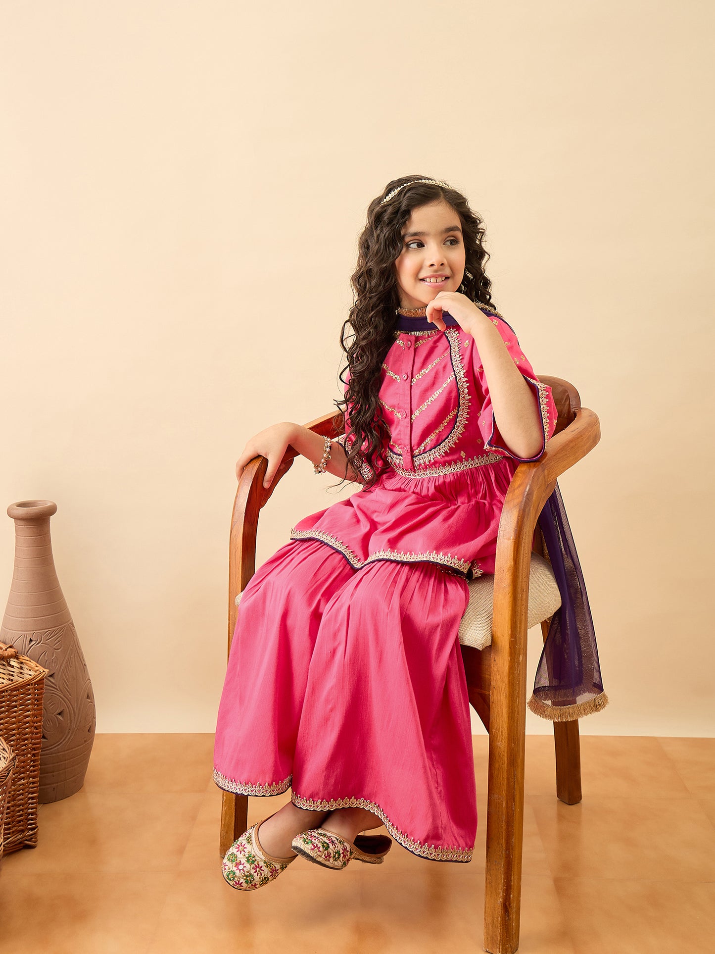 Girls Embroidery Kurti Set - Magenta