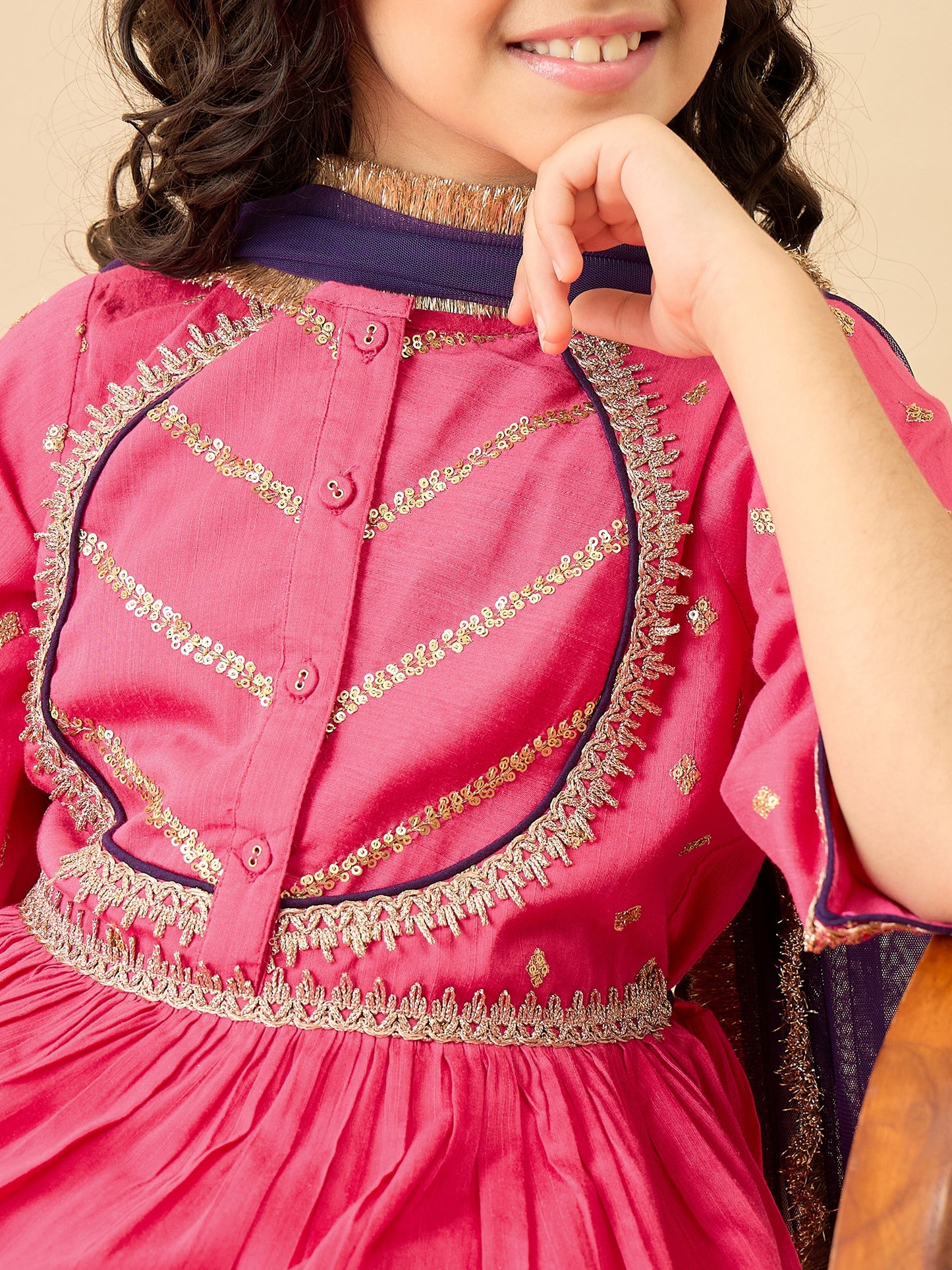 Girls Embroidery Kurti Set - Magenta