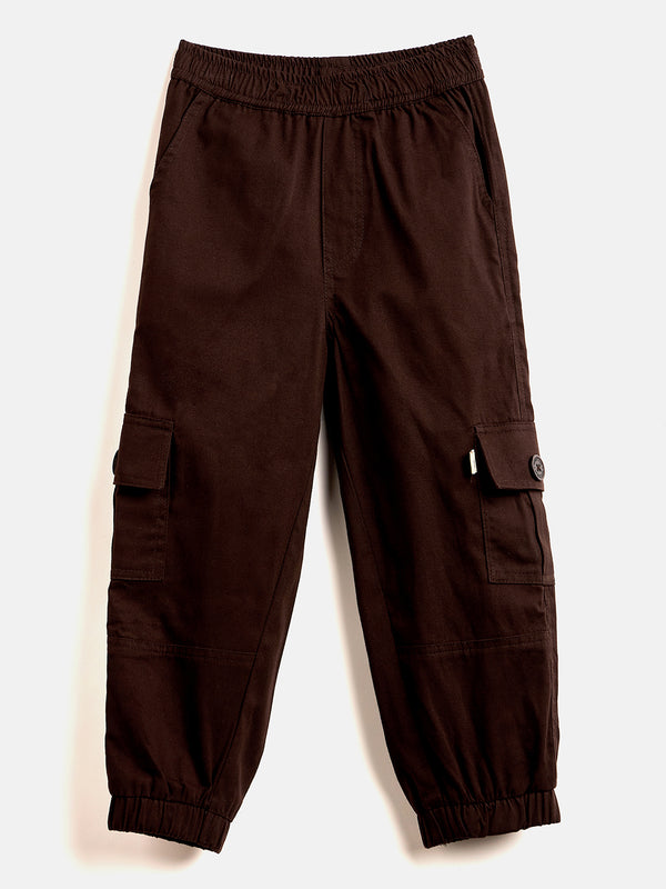 Boys Ankle Length Solid Cargo Pants - Brown