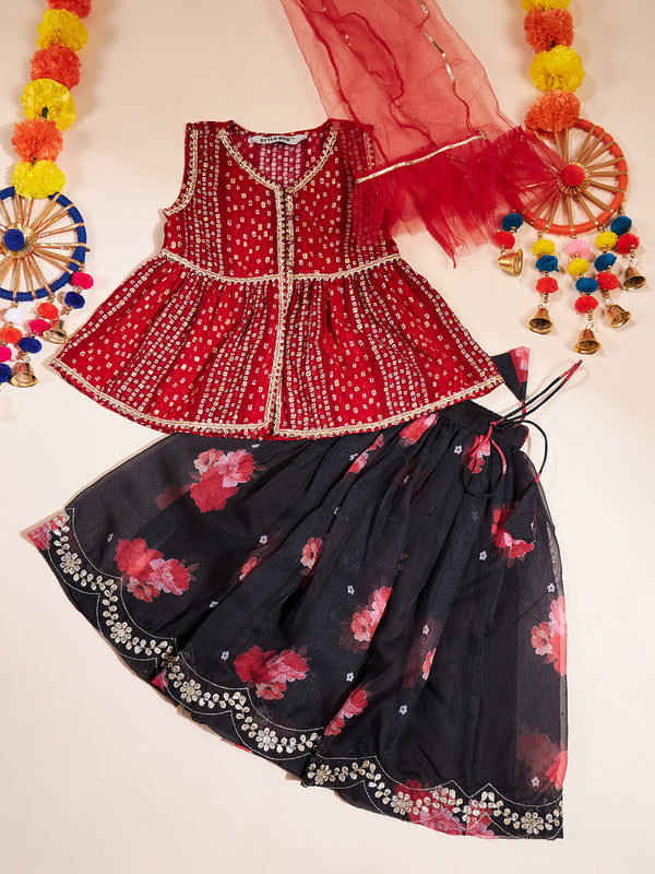 Girls Red Printed Polyester Fit and Flare Lahnga Choli