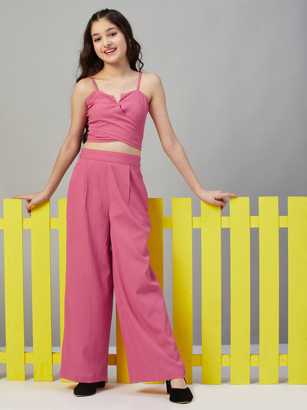 Girls Magenta Solid Polyester Top With Pants