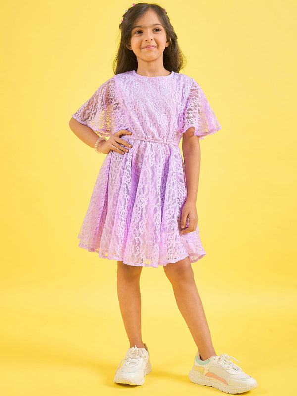Girls Purple Solid Polyester Fit and Flare Dress