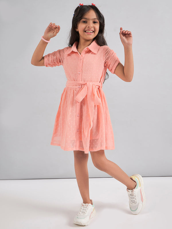 Girls Peach Solid Polyester Fit and Flare Dress